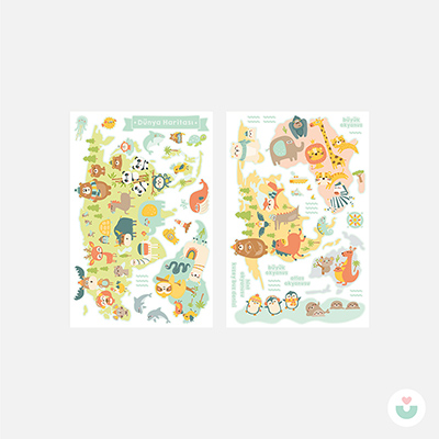 Hayvanlar Alemi Dünya Haritası Duvar Sticker - 7