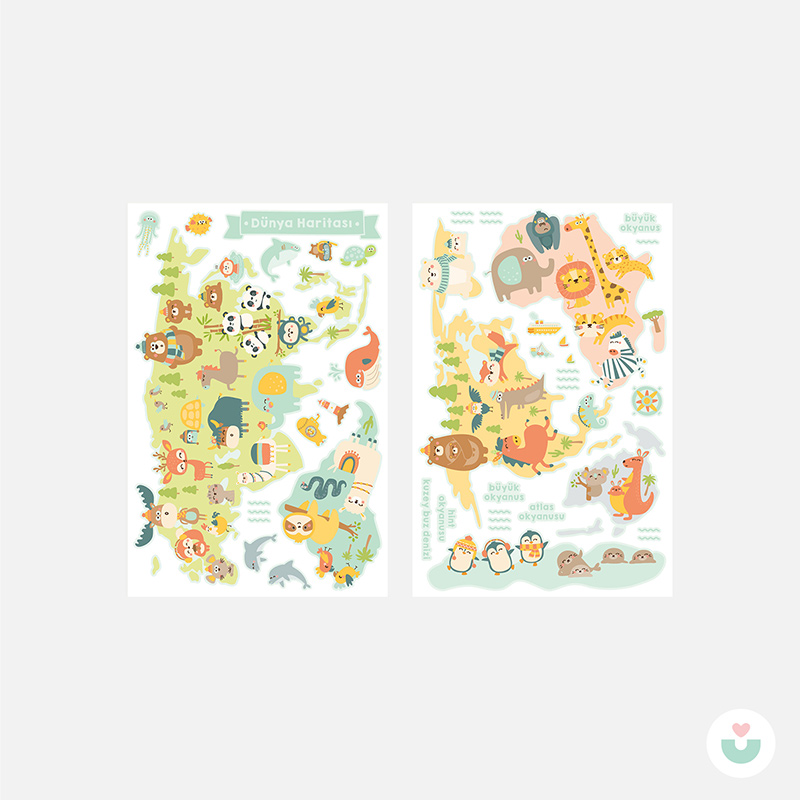 Hayvanlar Alemi Dünya Haritası Duvar Sticker - 7
