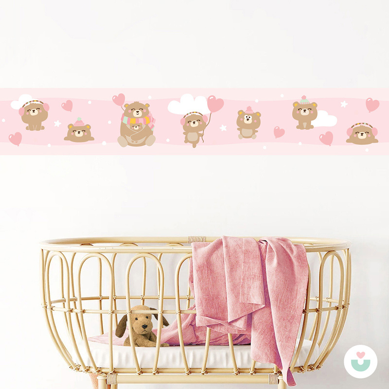 Mutlu Ayı Ailesi Sticker Duvar Bordürü – Pembe - 1