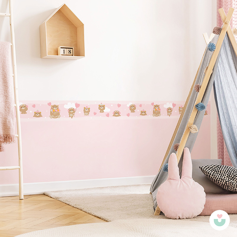 Mutlu Ayı Ailesi Sticker Duvar Bordürü – Pembe - 2