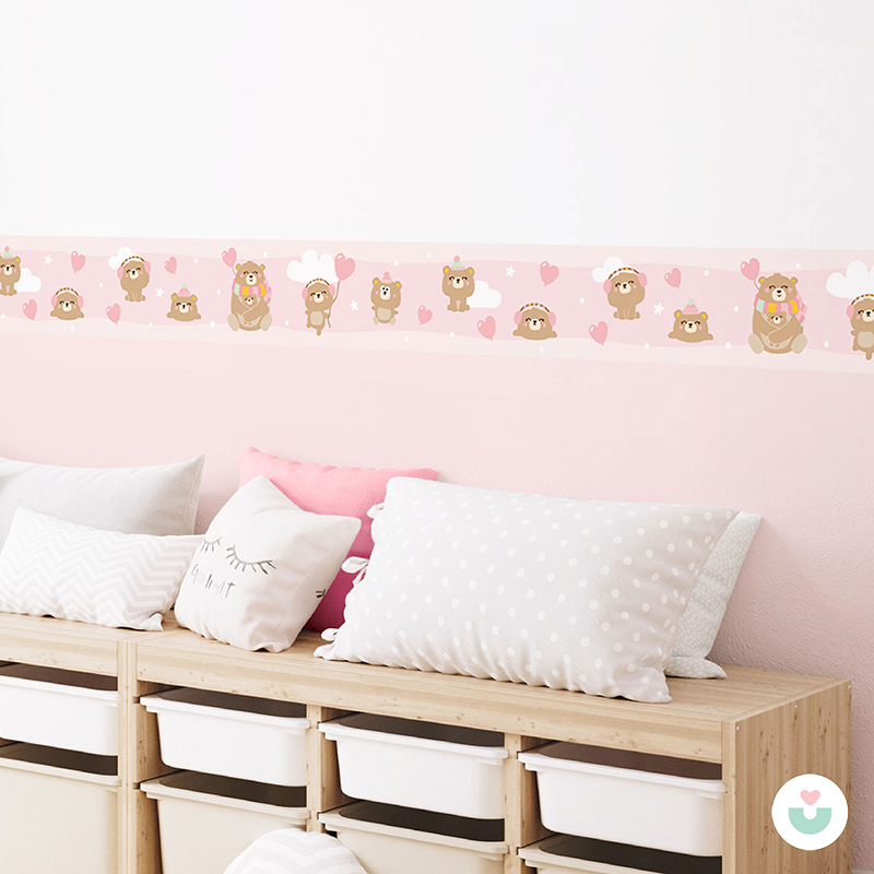 Mutlu Ayı Ailesi Sticker Duvar Bordürü – Pembe - 5