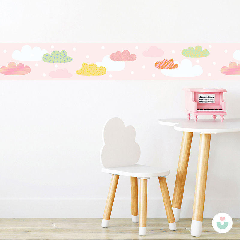 Mutlu Bulutlar Sticker Duvar Bordürü - Pembe - 1